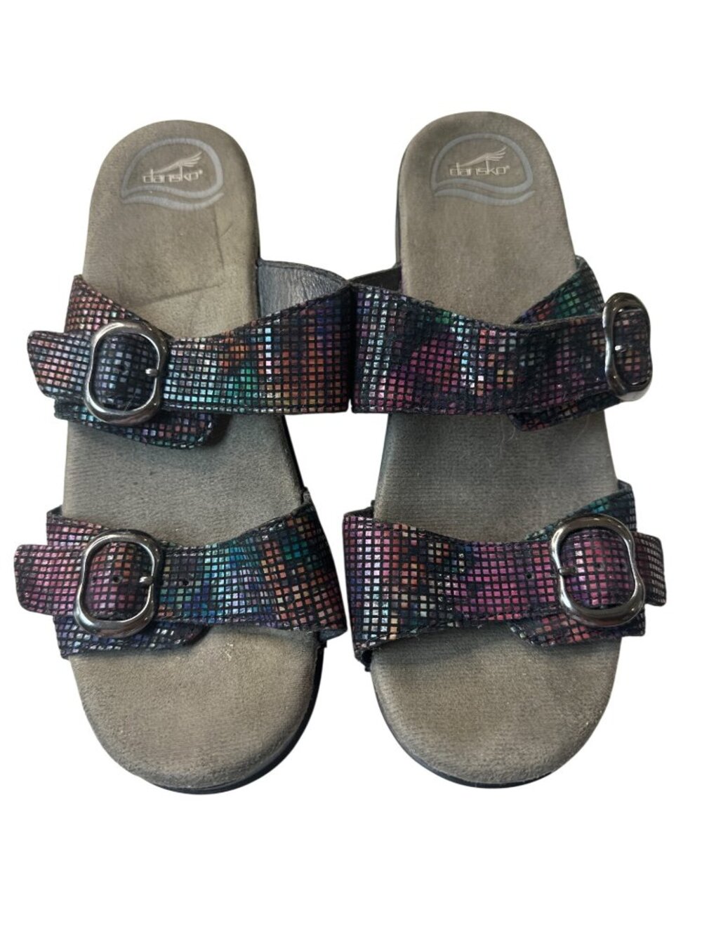 Dansko Wedge Sandals Size 38/7.5 Multi-Color Leather Upper Adjustable Buckle